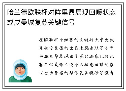 哈兰德欧联杯对阵里昂展现回暖状态或成曼城复苏关键信号 哈兰德欧联杯对阵里昂展现回暖状态或成曼城复苏关键信号
